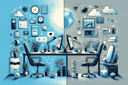 An illustration that encapsulates the dual nature of remote work, highlighting both the positive amd negative aspects