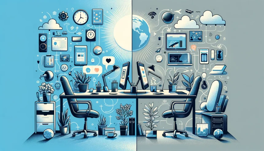 An illustration that encapsulates the dual nature of remote work, highlighting both the positive amd negative aspects