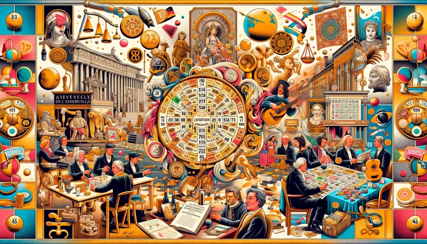 An illustration that encapsulates the rich history and global journey of bingo from its origins in Renaissance Italy