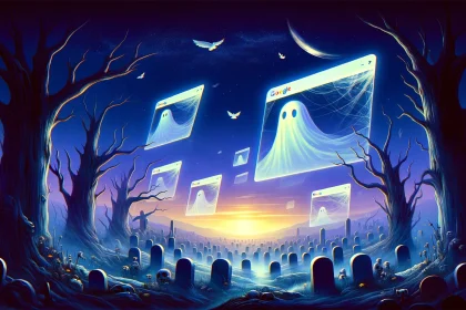 An illustration that merges the concept of a digital graveyard with the theme of exploring cached web pages