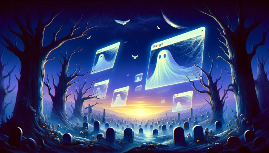 An illustration that merges the concept of a digital graveyard with the theme of exploring cached web pages