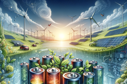 An intricate illustration that encapsulates the innovative concept of organic cathode batteries within eco-friendly energy storage solutions