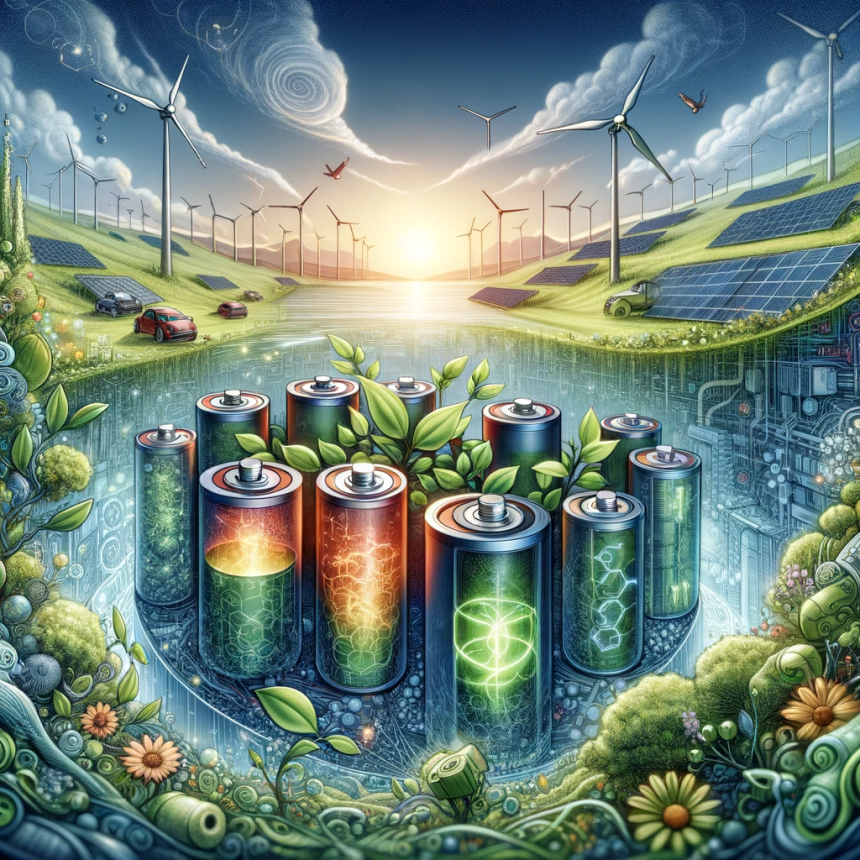 An intricate illustration that encapsulates the innovative concept of organic cathode batteries within eco-friendly energy storage solutions