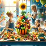 Children joyfully engaging with fruits and vegetables in a colorful, playful setting