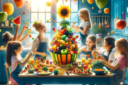 Children joyfully engaging with fruits and vegetables in a colorful, playful setting