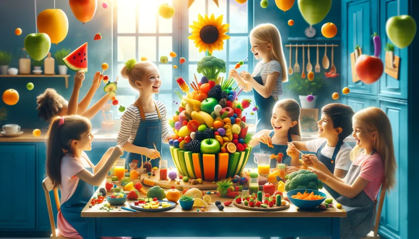 Children joyfully engaging with fruits and vegetables in a colorful, playful setting