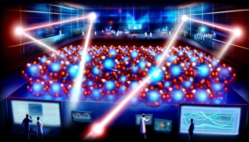 The illustration capturing the concept of laser cooling positronium within a futuristic laboratory setting is ready, highlighting this groundbreaking advancement in antimatter research