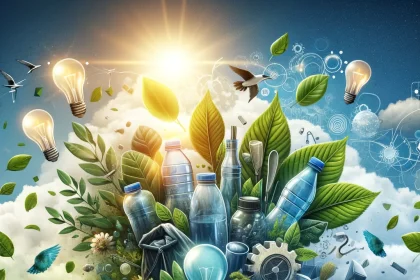 The innovative journey towards biodegradable plastics, showcasing elements of nature integrating with plastic