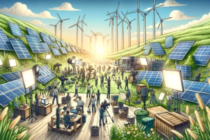 The world of film production with eco-friendly energy solutions, capturing the essence of a green revolution