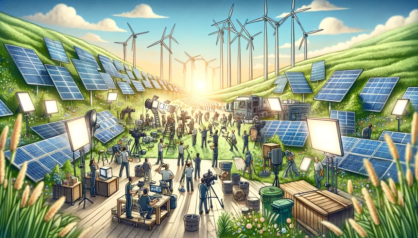 The world of film production with eco-friendly energy solutions, capturing the essence of a green revolution