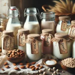 A cozy kitchen scene with a variety of glass jars filled with different types of homemade plant milks, such as almond, oat, soy, and coconut milk