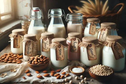 A cozy kitchen scene with a variety of glass jars filled with different types of homemade plant milks, such as almond, oat, soy, and coconut milk