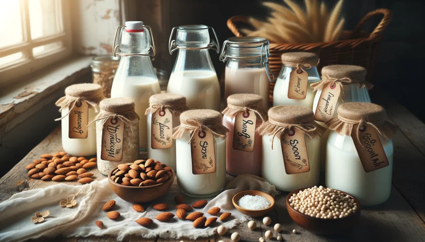 A cozy kitchen scene with a variety of glass jars filled with different types of homemade plant milks, such as almond, oat, soy, and coconut milk