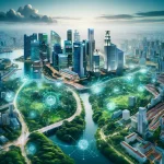 A futuristic cityscape of Singapore showcasing advanced geospatial mapping and data analytics technologies integrated into urban planning and public services