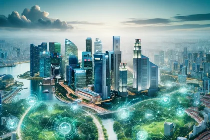 A futuristic cityscape of Singapore showcasing advanced geospatial mapping and data analytics technologies integrated into urban planning and public services