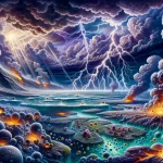 A vivid and detailed illustration showcasing the dynamic and complex environment of early Earth, with a focus on the primordial soup theory