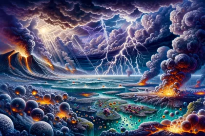 A vivid and detailed illustration showcasing the dynamic and complex environment of early Earth, with a focus on the primordial soup theory