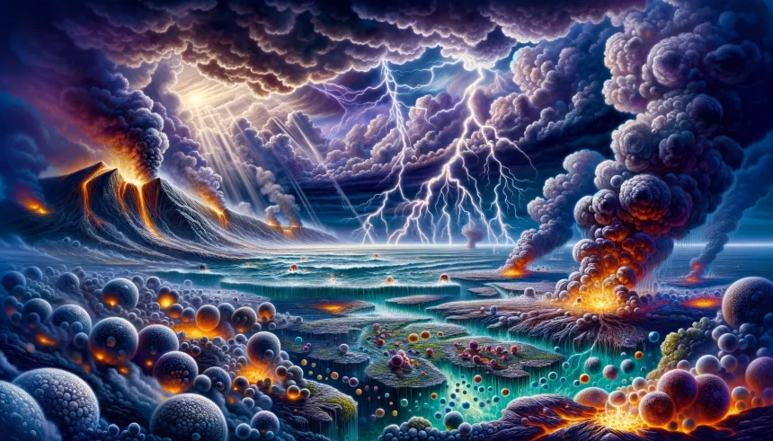 A vivid and detailed illustration showcasing the dynamic and complex environment of early Earth, with a focus on the primordial soup theory