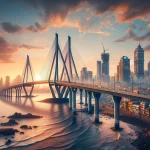 An artistic interpretation of Mumbai's skyline, including the iconic Bandra-Worli Sea Link bridge