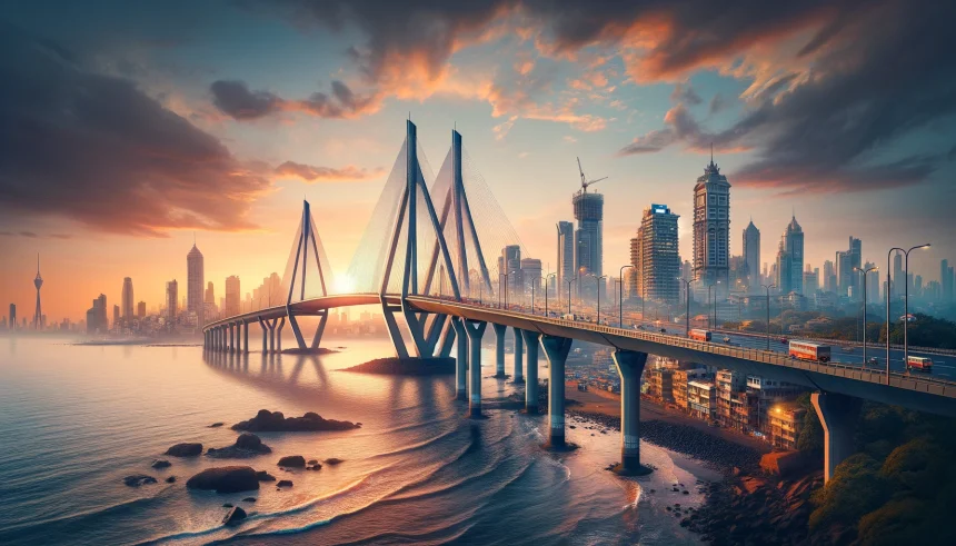 An artistic interpretation of Mumbai's skyline, including the iconic Bandra-Worli Sea Link bridge