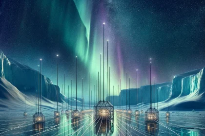 An artist's rendition of the IceCube Neutrino Observatory at the South Pole, showcasing a vast, icy landscape under the aurora australis