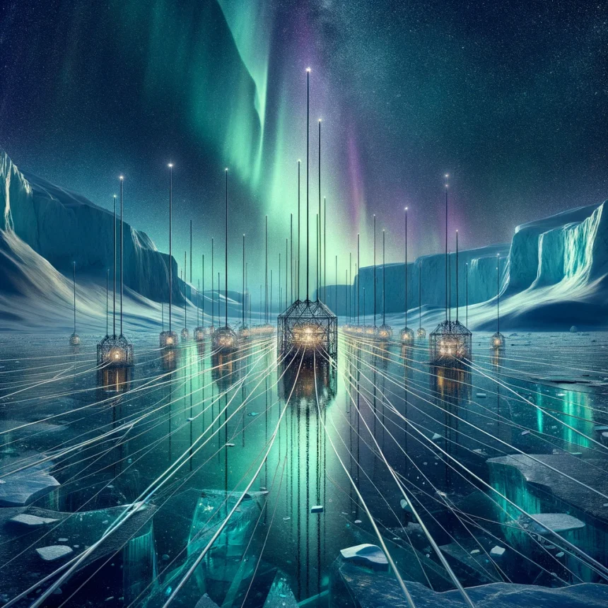 An artist's rendition of the IceCube Neutrino Observatory at the South Pole, showcasing a vast, icy landscape under the aurora australis