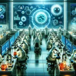 An illustration of a futuristic laboratory filled with scientists in protective gear examining fungal cultures under microscopes and analyzing data