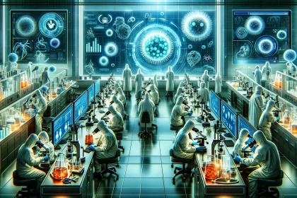 An illustration of a futuristic laboratory filled with scientists in protective gear examining fungal cultures under microscopes and analyzing data