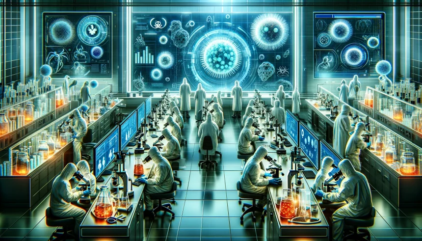 An illustration of a futuristic laboratory filled with scientists in protective gear examining fungal cultures under microscopes and analyzing data