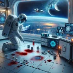 An image depicting a futuristic crime scene investigation in a space station, showcasing an astronaut analyzing bloodstain patterns in a microgravity