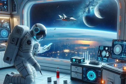 An image depicting a futuristic crime scene investigation in a space station, showcasing an astronaut analyzing bloodstain patterns in a microgravity