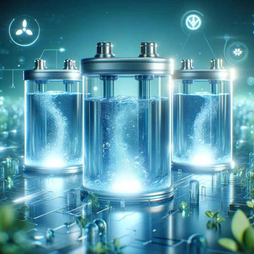 An image depicting the innovative concept of water batteries, showcasing a clean and modern energy storage solution