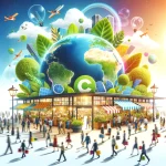 An image showing a vibrant and dynamic marketplace bustling with activity, where people are trading carbon credits