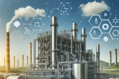 An innovative carbon capture technology system in an industrial setting, showing advanced materials and processes, with a focus on sustainability