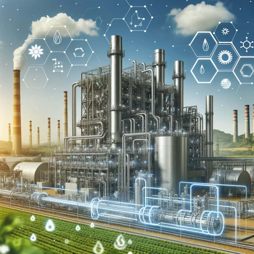 An innovative carbon capture technology system in an industrial setting, showing advanced materials and processes, with a focus on sustainability