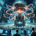 An inspiring illustration showcasing a futuristic fusion reactor stabilized by advanced magnetic fields, with scientists monitoring the process