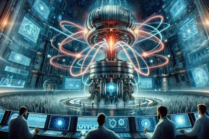 An inspiring illustration showcasing a futuristic fusion reactor stabilized by advanced magnetic fields, with scientists monitoring the process