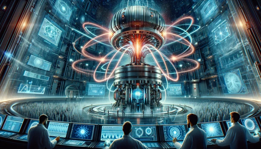 An inspiring illustration showcasing a futuristic fusion reactor stabilized by advanced magnetic fields, with scientists monitoring the process