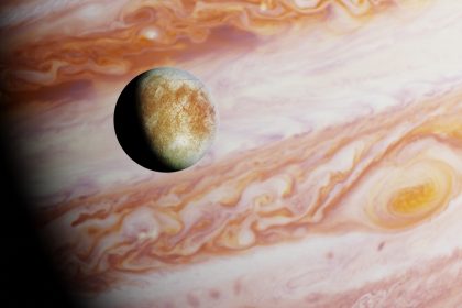 Jupiter's,Moon,Europa,In,Front,Of,The,Planet,Jupiter,(3d