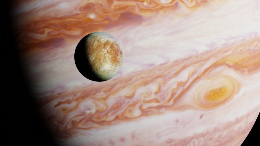 Jupiter's,Moon,Europa,In,Front,Of,The,Planet,Jupiter,(3d